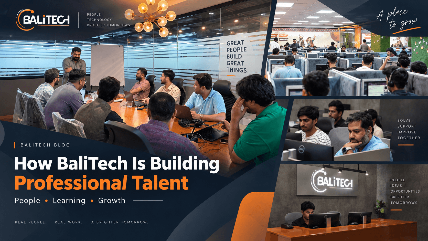 BaliTech team in a training meeting with the call center floor and reception desk in the background, with the title How BaliTech Is Building Professional Talent.