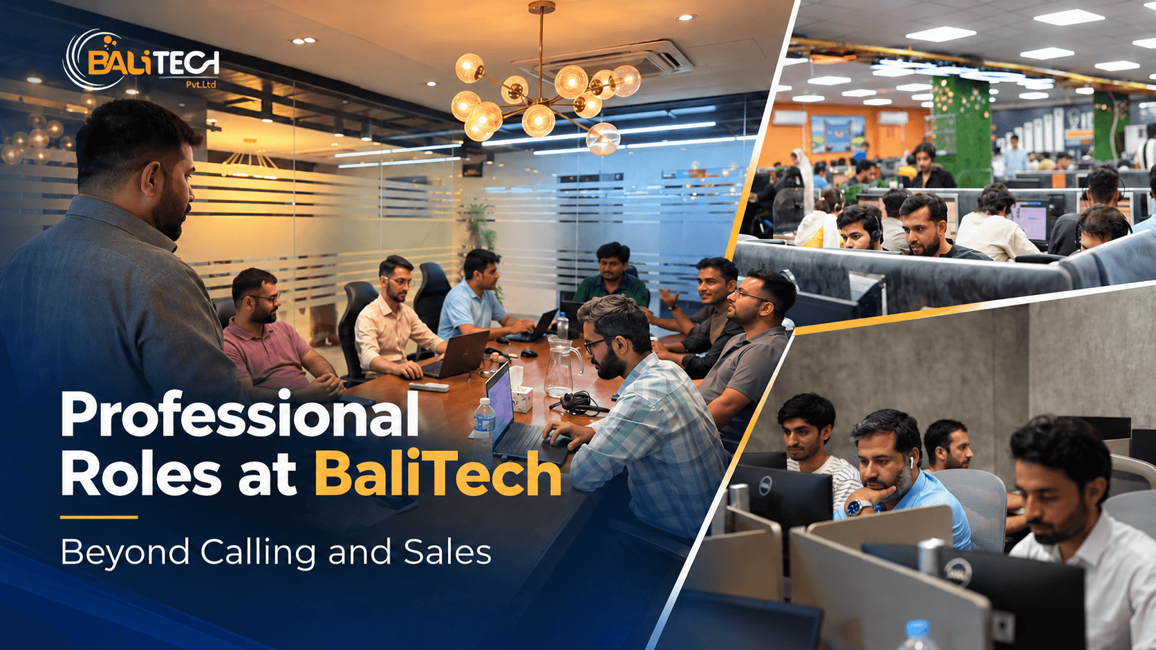 Professional roles at BaliTech beyond calling and sales, featuring team meetings, IT professionals, and call center employees working in a modern office in Rawalpindi, Pakistan