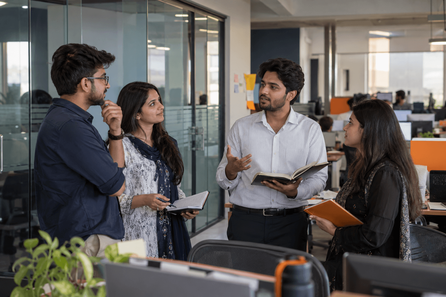BaliTech team members in a standing discussion at the office