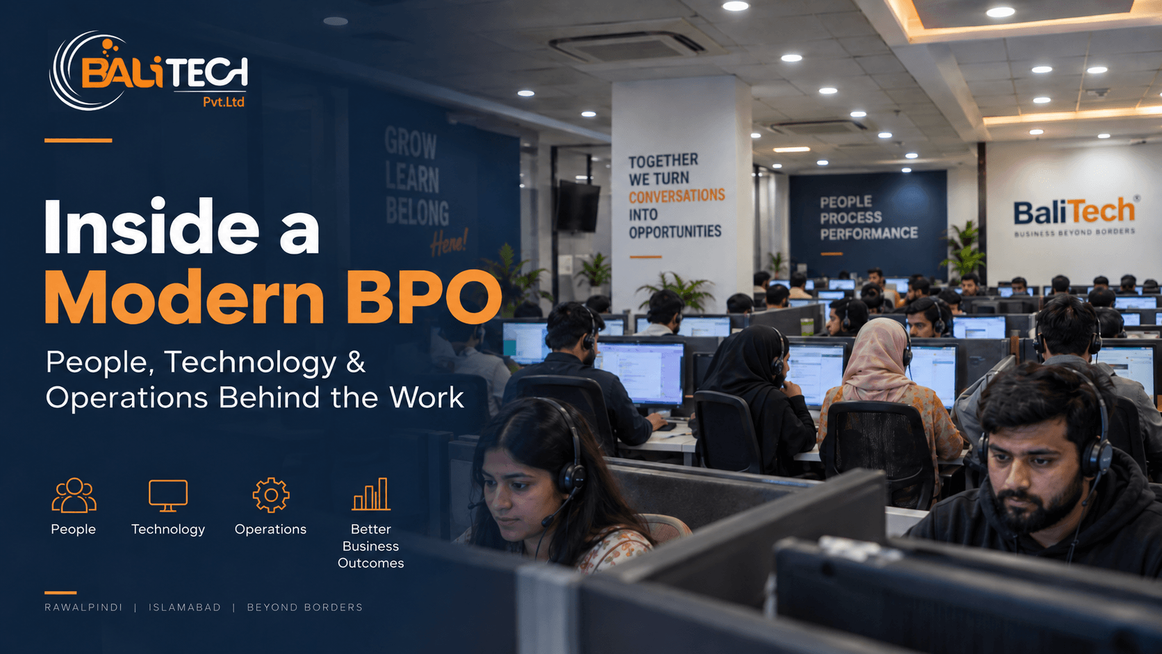 See what happens inside a modern BPO, from call center teams and QA to CRM, dialers, reporting and technology-supported operations in Rawalpindi and Islamabad.