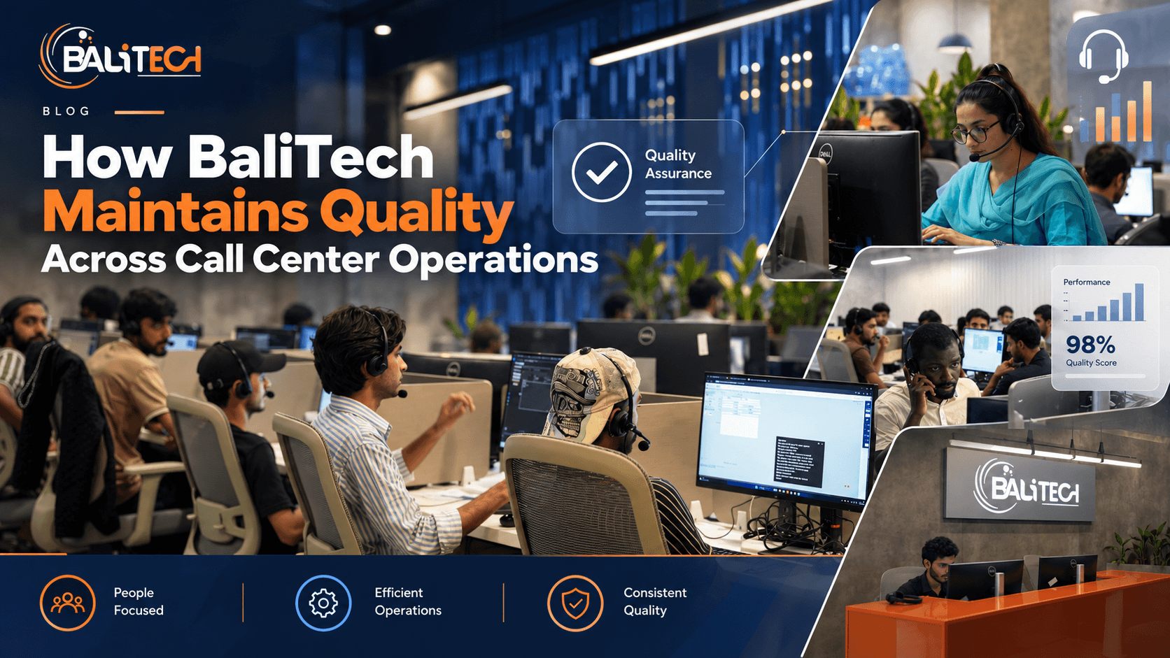 BaliTech agents with headsets at workstations in the call center, with a quality assurance score panel and the title How BaliTech Maintains Quality Across Call Center Operations.