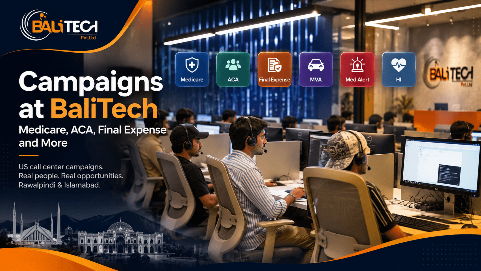 BaliTech call center teams working on different US campaigns in Rawalpindi and Islamabad.