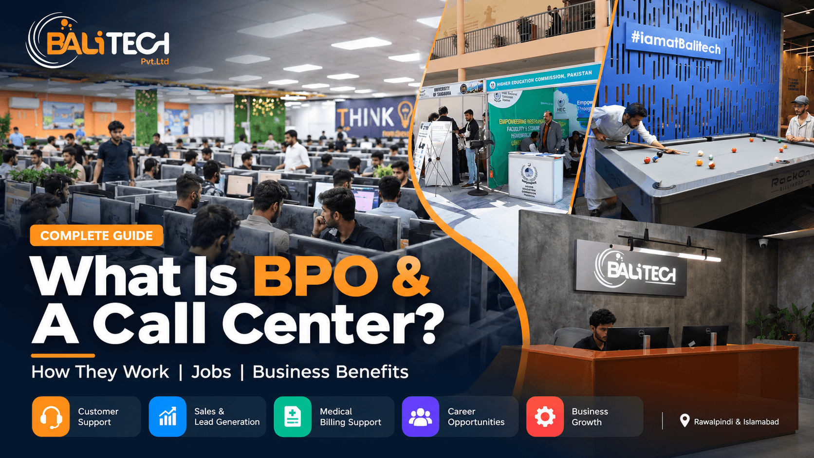 BaliTech BPO and call center operations in Rawalpindi, featuring employees, customer support, career opportunities, and business services.